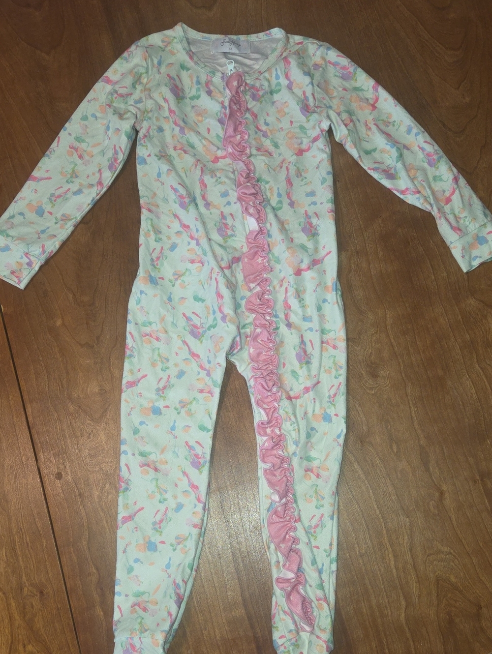 SweetHoney White Footed One-Piece Pajamas with Pink Ruffle Zip